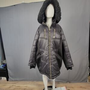 Michael Kors 3X Black Faux Fur Hooded Puffer Coat with Gold Zippers